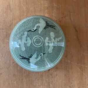Celadon Crane Trinket Dish 2 1/4” Diameter Beautiful Condition Marked So sweet!